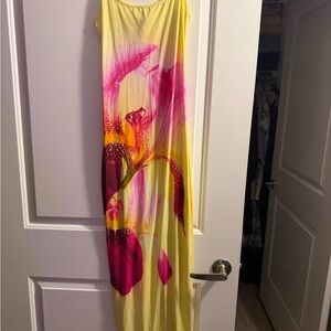 White Fox Yellow Maxi Dress with Pink Floral Design